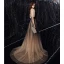 Vintage / Originale Noire Dégradé De Couleur Robe De Soirée 2020 Princesse Transparentes Col Haut Gonflée 1/2 Manches Perlage Glitter Tulle Train De Balayage Volants Dos Nu Robe De Ceremonie