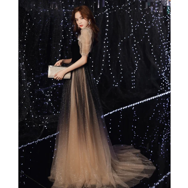 Vintage / Originale Noire Dégradé De Couleur Robe De Soirée 2020 Princesse Transparentes Col Haut Gonflée 1/2 Manches Perlage Glitter Tulle Train De Balayage Volants Dos Nu Robe De Ceremonie