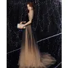 Vintage Czarne Gradient-Kolorów Sukienki Wieczorowe 2020 Princessa Przezroczyste Wysokiej Szyi Bufiasta 1/2 Rękawy Frezowanie Cekinami Tiulowe Trenem Sweep Wzburzyć Bez Pleców Sukienki Wizytowe