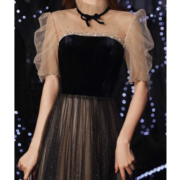 Vintage / Originale Noire Dégradé De Couleur Robe De Soirée 2020 Princesse Transparentes Col Haut Gonflée 1/2 Manches Perlage Glitter Tulle Train De Balayage Volants Dos Nu Robe De Ceremonie