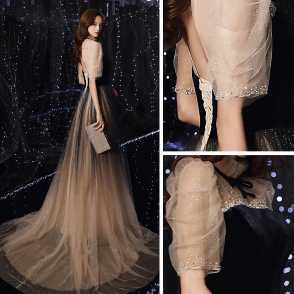 Vintage / Originale Noire Dégradé De Couleur Robe De Soirée 2020 Princesse Transparentes Col Haut Gonflée 1/2 Manches Perlage Glitter Tulle Train De Balayage Volants Dos Nu Robe De Ceremonie