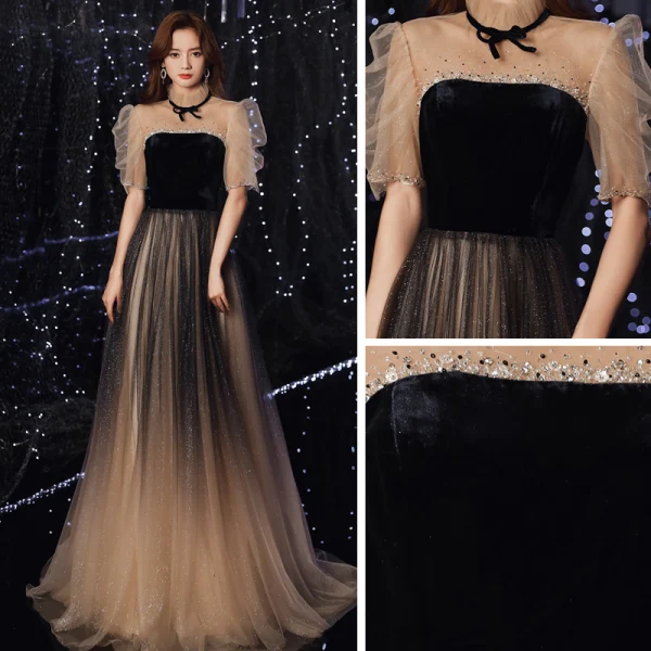 Vintage / Originale Noire Dégradé De Couleur Robe De Soirée 2020 Princesse Transparentes Col Haut Gonflée 1/2 Manches Perlage Glitter Tulle Train De Balayage Volants Dos Nu Robe De Ceremonie