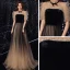 Vintage / Originale Noire Dégradé De Couleur Robe De Soirée 2020 Princesse Transparentes Col Haut Gonflée 1/2 Manches Perlage Glitter Tulle Train De Balayage Volants Dos Nu Robe De Ceremonie