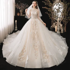 Kinesisk Stil Champagne Brud Bröllopsklänningar 2020 Balklänning Genomskinliga Hög Hals 3 4 Ärm Halterneck Appliqués Spets Beading Cathedral Train Ruffle