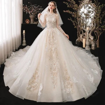 Style Chinois Champagne La Mariée Robe De Mariée 2020 Robe Boule Transparentes Col Haut 3 4 Manches Dos Nu Appliques En Dentelle Perlage Cathedral Train Volants
