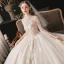 Style Chinois Champagne La Mariée Robe De Mariée 2020 Robe Boule Transparentes Col Haut 3/4 Manches Dos Nu Appliques En Dentelle Perlage Cathedral Train Volants