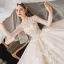 Style Chinois Champagne La Mariée Robe De Mariée 2020 Robe Boule Transparentes Col Haut 3/4 Manches Dos Nu Appliques En Dentelle Perlage Cathedral Train Volants