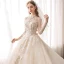 Style Chinois Champagne La Mariée Robe De Mariée 2020 Robe Boule Transparentes Col Haut 3/4 Manches Dos Nu Appliques En Dentelle Perlage Cathedral Train Volants