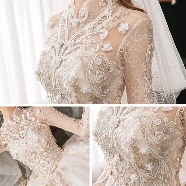 Style Chinois Champagne La Mariée Robe De Mariée 2020 Robe Boule Transparentes Col Haut 3/4 Manches Dos Nu Appliques En Dentelle Perlage Cathedral Train Volants