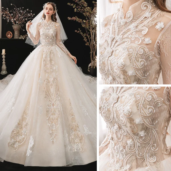 Style Chinois Champagne La Mariée Robe De Mariée 2020 Robe Boule Transparentes Col Haut 3/4 Manches Dos Nu Appliques En Dentelle Perlage Cathedral Train Volants