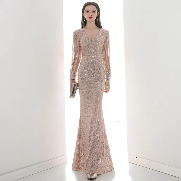 Affordable Champagne Sequins Evening Dresses  2020 Trumpet / Mermaid V-Neck Puffy Long Sleeve Beading Floor-Length / Long Ruffle Formal Dresses