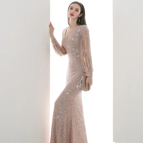 Affordable Champagne Sequins Evening Dresses  2020 Trumpet / Mermaid V-Neck Puffy Long Sleeve Beading Floor-Length / Long Ruffle Formal Dresses