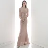 Affordable Champagne Sequins Evening Dresses  2020 Trumpet / Mermaid V-Neck Puffy Long Sleeve Beading Floor-Length / Long Ruffle Formal Dresses