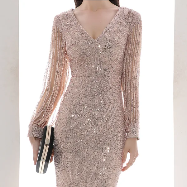 Affordable Champagne Sequins Evening Dresses  2020 Trumpet / Mermaid V-Neck Puffy Long Sleeve Beading Floor-Length / Long Ruffle Formal Dresses