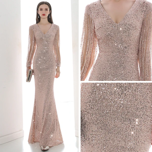 Affordable Champagne Sequins Evening Dresses  2020 Trumpet / Mermaid V-Neck Puffy Long Sleeve Beading Floor-Length / Long Ruffle Formal Dresses