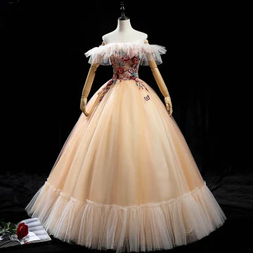 Schöne Champagner Tanzen Ballkleider 2020 Ballkleid Off Shoulder Kurze Ärmel Rückenfreies Applikationen Spitze Pailletten Lange Rüschen Festliche Kleider