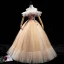Chic / Belle Champagne Dansant Robe De Bal 2020 Robe Boule De l'épaule Manches Courtes Dos Nu Appliques En Dentelle Paillettes Longue Volants Robe De Ceremonie
