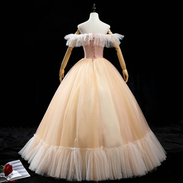 Chic / Belle Champagne Dansant Robe De Bal 2020 Robe Boule De l'épaule Manches Courtes Dos Nu Appliques En Dentelle Paillettes Longue Volants Robe De Ceremonie
