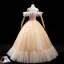 Chic / Belle Champagne Dansant Robe De Bal 2020 Robe Boule De l'épaule Manches Courtes Dos Nu Appliques En Dentelle Paillettes Longue Volants Robe De Ceremonie
