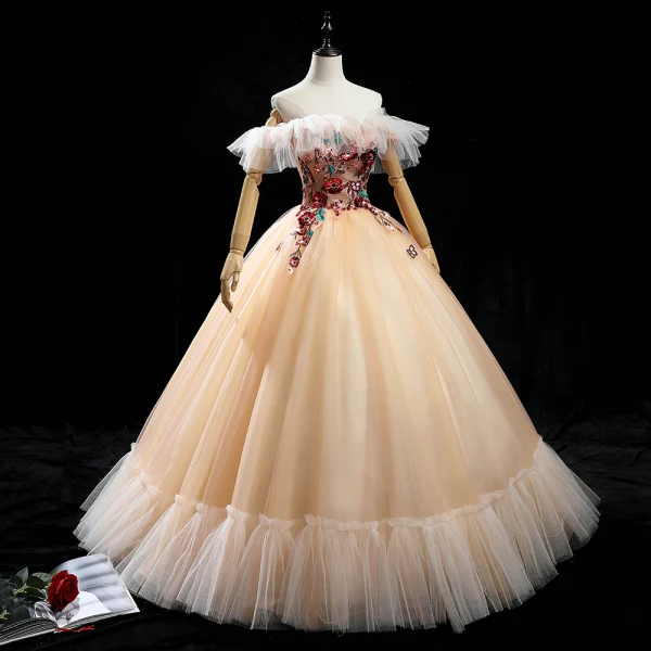 Chic / Belle Champagne Dansant Robe De Bal 2020 Robe Boule De l'épaule Manches Courtes Dos Nu Appliques En Dentelle Paillettes Longue Volants Robe De Ceremonie