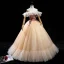 Chic / Belle Champagne Dansant Robe De Bal 2020 Robe Boule De l'épaule Manches Courtes Dos Nu Appliques En Dentelle Paillettes Longue Volants Robe De Ceremonie