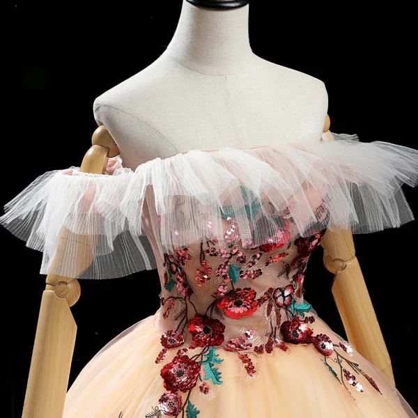 Chic / Belle Champagne Dansant Robe De Bal 2020 Robe Boule De l'épaule Manches Courtes Dos Nu Appliques En Dentelle Paillettes Longue Volants Robe De Ceremonie