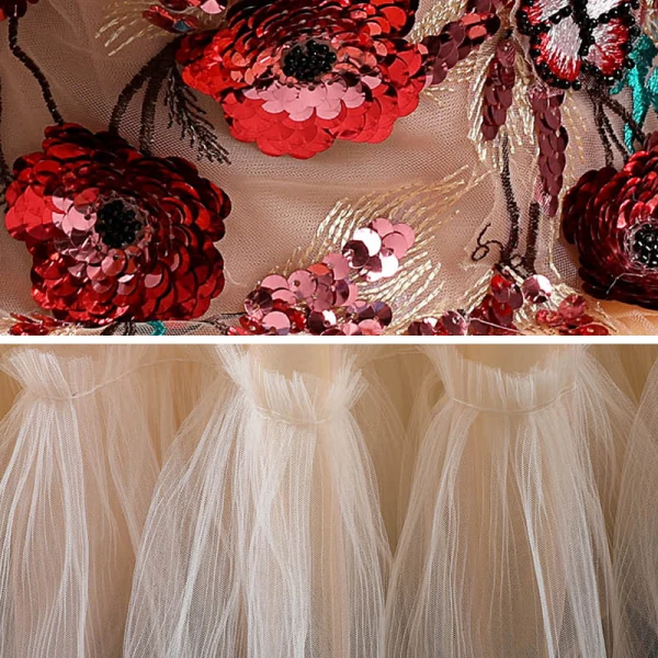 Chic / Belle Champagne Dansant Robe De Bal 2020 Robe Boule De l'épaule Manches Courtes Dos Nu Appliques En Dentelle Paillettes Longue Volants Robe De Ceremonie