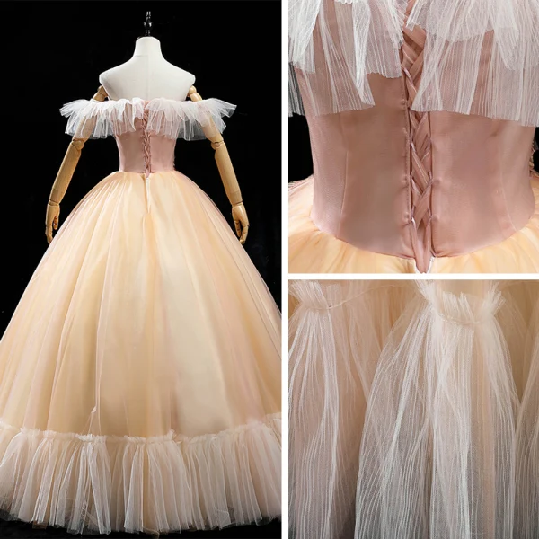 Chic / Belle Champagne Dansant Robe De Bal 2020 Robe Boule De l'épaule Manches Courtes Dos Nu Appliques En Dentelle Paillettes Longue Volants Robe De Ceremonie