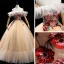 Chic / Belle Champagne Dansant Robe De Bal 2020 Robe Boule De l'épaule Manches Courtes Dos Nu Appliques En Dentelle Paillettes Longue Volants Robe De Ceremonie