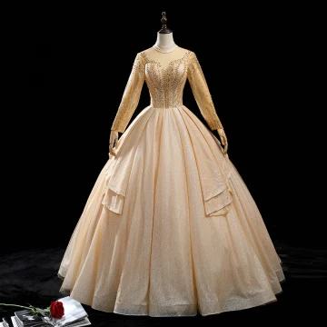 High End Gold Dancing Prom Dresses 2020 Ball Gown See Through High Neck Long Sleeve Beading Sequins Glitter Tulle Floor Length Long Ruffle Backless Formal Dresses