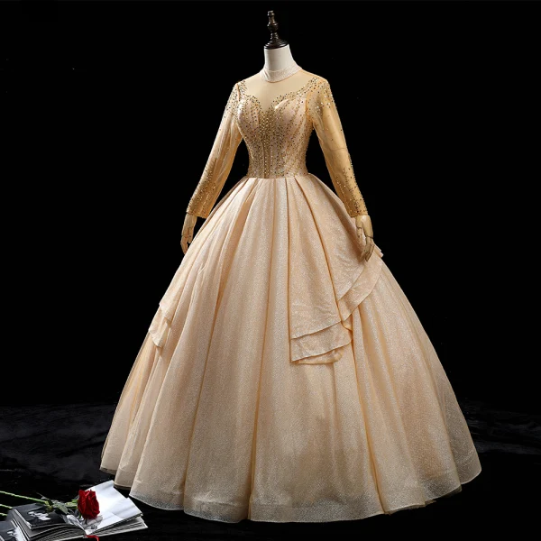 High End Gold Tanzen Ballkleider 2020 Ballkleid Durchsichtige Stehkragen Lange Ärmel Perlenstickerei Pailletten Glanz Tülle Lange Rüschen Rückenfreies Festliche Kleider
