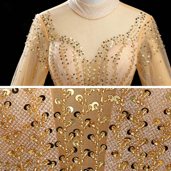High End Gold Tanzen Ballkleider 2020 Ballkleid Durchsichtige Stehkragen Lange Ärmel Perlenstickerei Pailletten Glanz Tülle Lange Rüschen Rückenfreies Festliche Kleider
