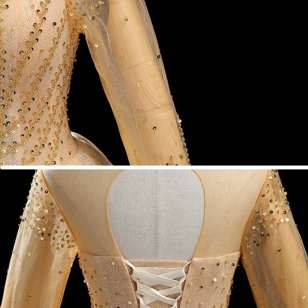 High End Gold Tanzen Ballkleider 2020 Ballkleid Durchsichtige Stehkragen Lange Ärmel Perlenstickerei Pailletten Glanz Tülle Lange Rüschen Rückenfreies Festliche Kleider