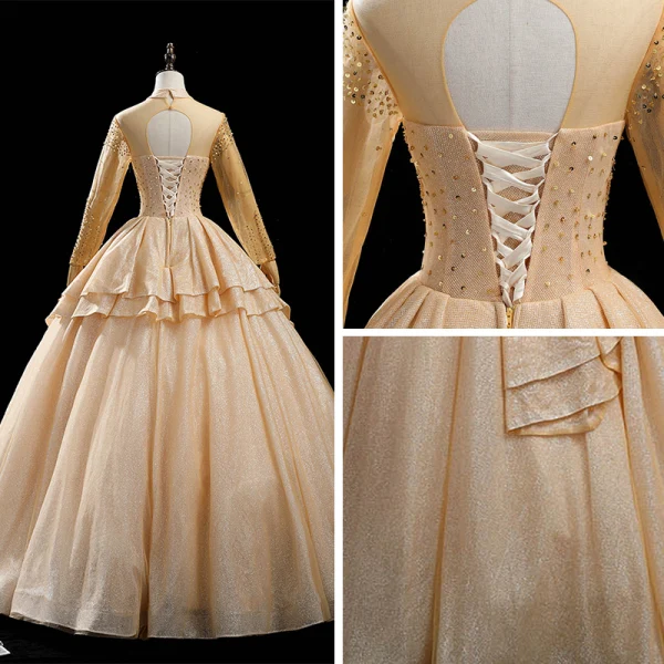 High End Gold Tanzen Ballkleider 2020 Ballkleid Durchsichtige Stehkragen Lange Ärmel Perlenstickerei Pailletten Glanz Tülle Lange Rüschen Rückenfreies Festliche Kleider