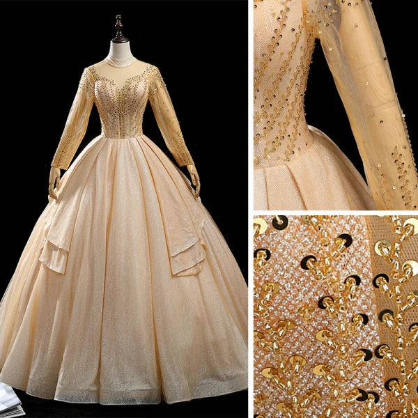 High End Gold Tanzen Ballkleider 2020 Ballkleid Durchsichtige Stehkragen Lange Ärmel Perlenstickerei Pailletten Glanz Tülle Lange Rüschen Rückenfreies Festliche Kleider