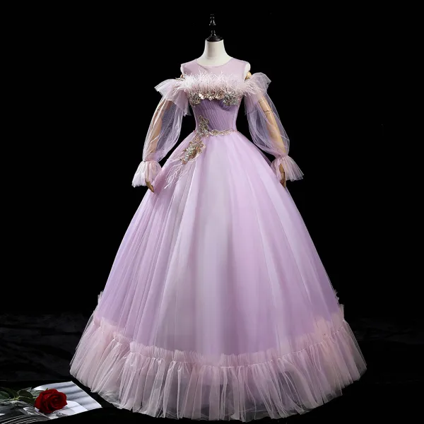 Victorian Style Lilac See-through Dancing Prom Dresses 2020 Ball Gown Scoop Neck Puffy Long Sleeve Feather Beading Sequins Floor-Length / Long Ruffle Backless