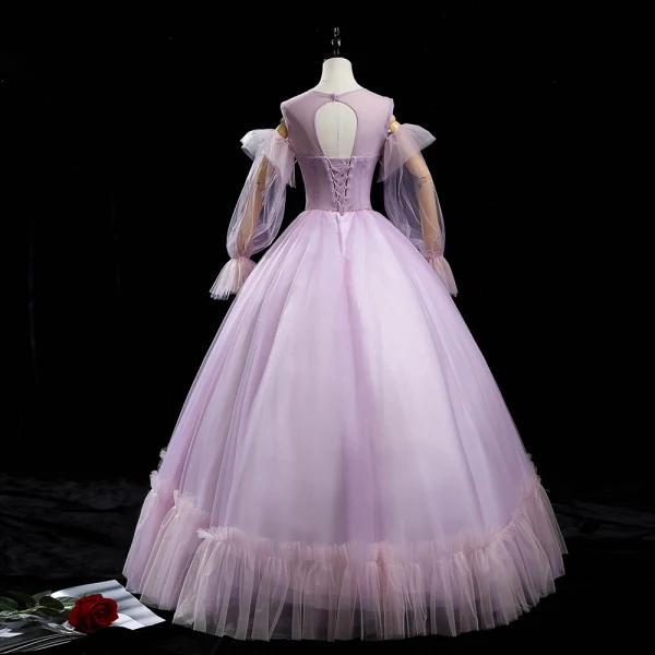 Victorian Style Lilac See-through Dancing Prom Dresses 2020 Ball Gown Scoop Neck Puffy Long Sleeve Feather Beading Sequins Floor-Length / Long Ruffle Backless