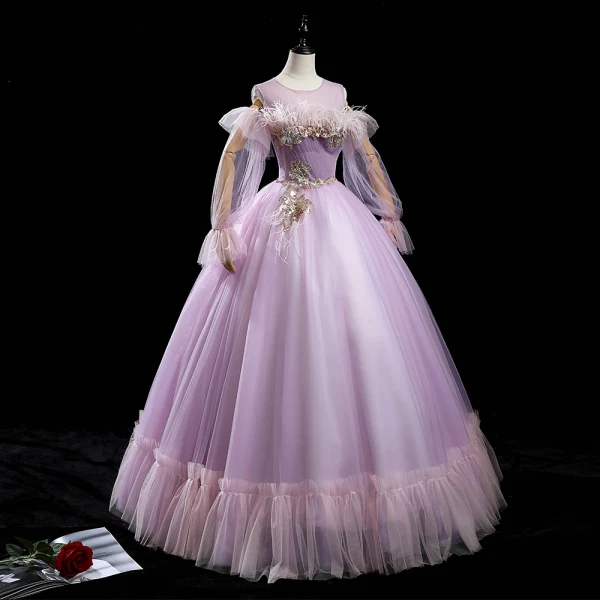 Victorian Style Lilac See-through Dancing Prom Dresses 2020 Ball Gown Scoop Neck Puffy Long Sleeve Feather Beading Sequins Floor-Length / Long Ruffle Backless