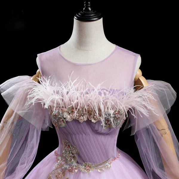 Victorian Style Lilac See-through Dancing Prom Dresses 2020 Ball Gown Scoop Neck Puffy Long Sleeve Feather Beading Sequins Floor-Length / Long Ruffle Backless