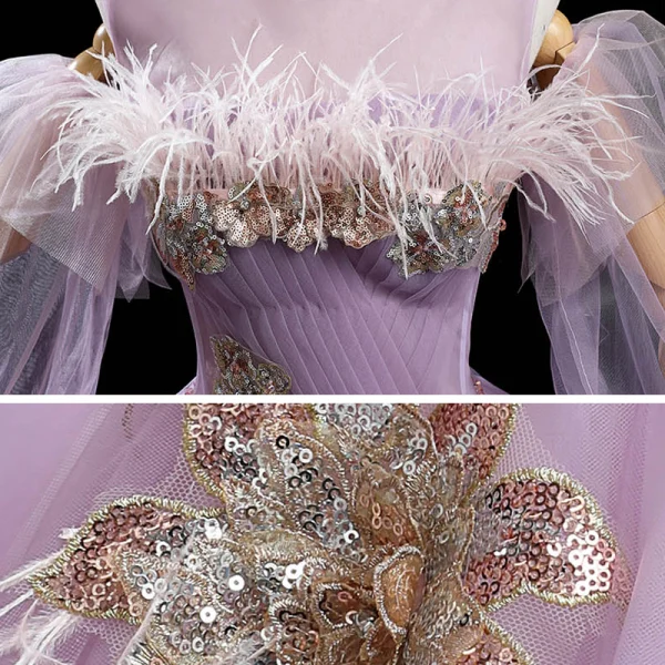 Victorian Style Lilac See-through Dancing Prom Dresses 2020 Ball Gown Scoop Neck Puffy Long Sleeve Feather Beading Sequins Floor-Length / Long Ruffle Backless