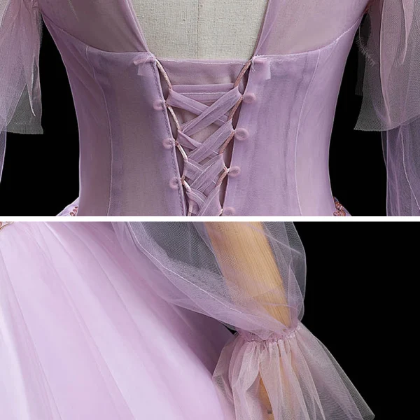 Victorian Style Lilac See-through Dancing Prom Dresses 2020 Ball Gown Scoop Neck Puffy Long Sleeve Feather Beading Sequins Floor-Length / Long Ruffle Backless