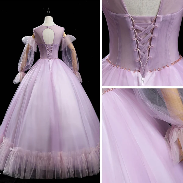 Victorian Style Lilac See-through Dancing Prom Dresses 2020 Ball Gown Scoop Neck Puffy Long Sleeve Feather Beading Sequins Floor-Length / Long Ruffle Backless