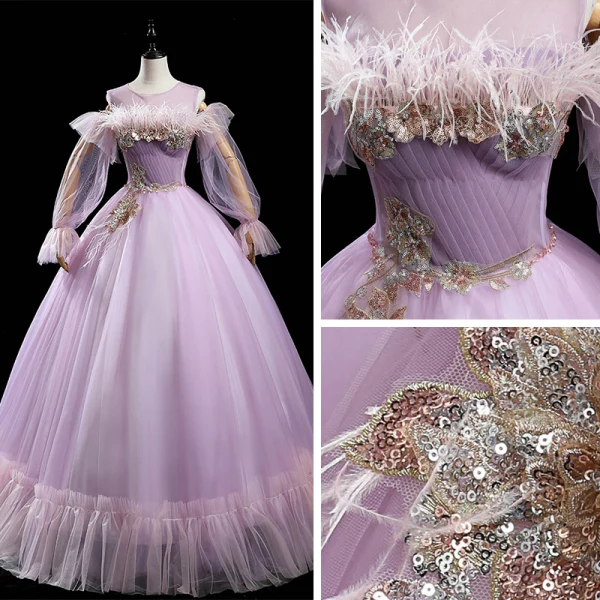 Victorian Style Lilac See-through Dancing Prom Dresses 2020 Ball Gown Scoop Neck Puffy Long Sleeve Feather Beading Sequins Floor-Length / Long Ruffle Backless