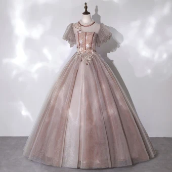 Vintage Retro Champagne See Through Dancing Prom Dresses 2020 Ball Gown High Neck Puffy Short Sleeve Appliques Lace Beading Floor Length Long Ruffle Backless Formal Dresses