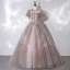 Vintage / Retro Champagne See-through Dancing Prom Dresses 2020 Ball Gown High Neck Puffy Short Sleeve Appliques Lace Beading Floor-Length / Long Ruffle Backless Formal Dresses
