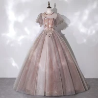 Vintage / Retro Champagne See-through Dancing Prom Dresses 2020 Ball Gown High Neck Puffy Short Sleeve Appliques Lace Beading Floor-Length / Long Ruffle Backless Formal Dresses
