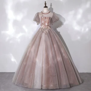 Vintage Champagner Durchsichtige Tanzen Ballkleider 2020 Ballkleid Stehkragen Geschwollenes Kurze Ärmel Applikationen Spitze Perlenstickerei Lange Rüschen Rückenfreies Festliche Kleider
