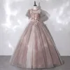 Vintage Szampan Przezroczyste Taniec Sukienki Na Bal 2020 Suknia Balowa Wysokiej Szyi Bufiasta Kótkie Rękawy Aplikacje Z Koronki Frezowanie Długie Wzburzyć Bez Pleców Sukienki Wizytowe