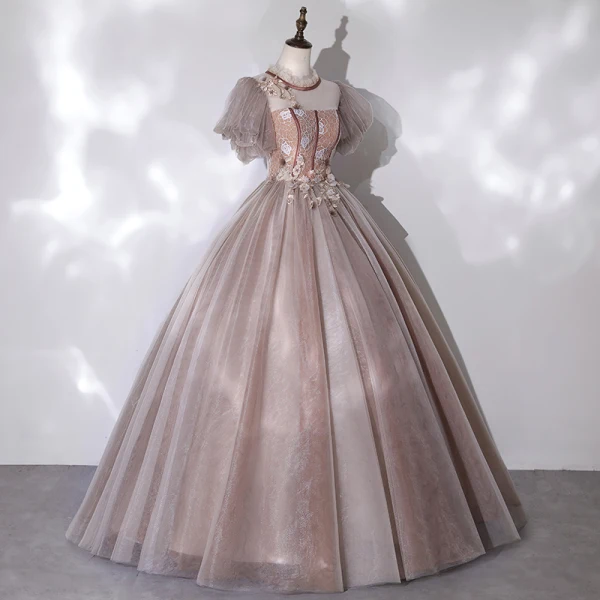 Vintage / Retro Champagne See-through Dancing Prom Dresses 2020 Ball Gown High Neck Puffy Short Sleeve Appliques Lace Beading Floor-Length / Long Ruffle Backless Formal Dresses