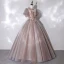 Vintage / Retro Champagne See-through Dancing Prom Dresses 2020 Ball Gown High Neck Puffy Short Sleeve Appliques Lace Beading Floor-Length / Long Ruffle Backless Formal Dresses